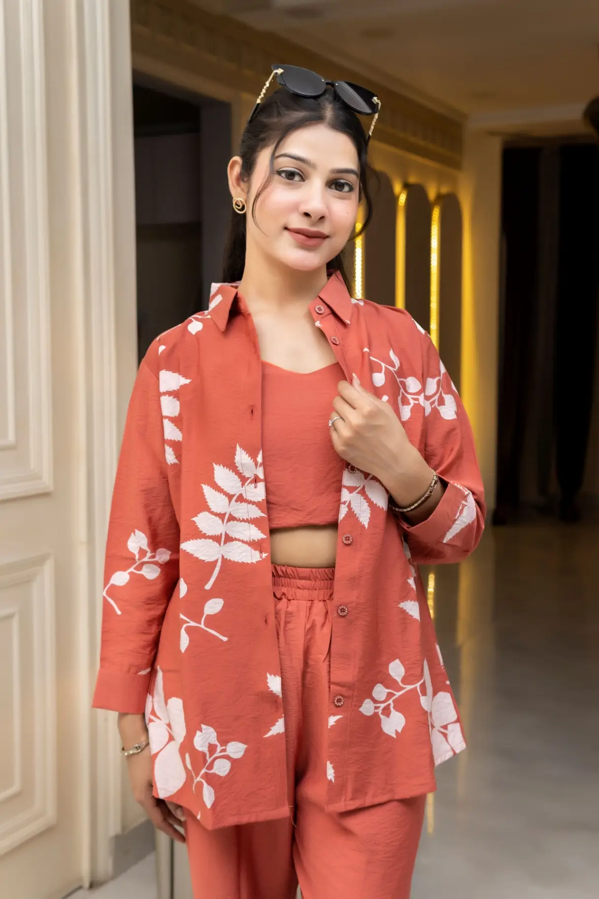 Terracotta Rust Three-Piece Co-ord Set with Utility Shirt and Crop Top view 2