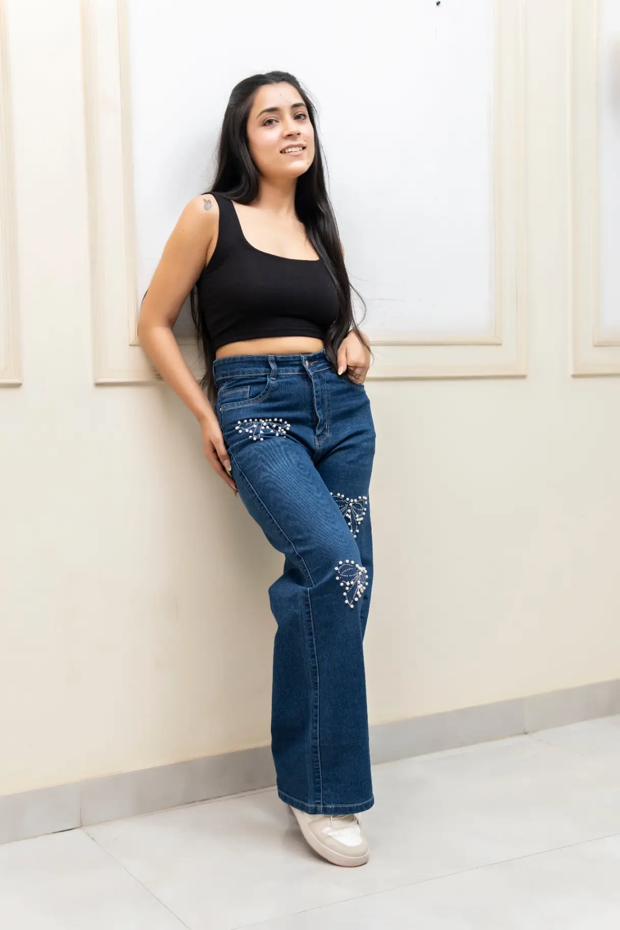 High-Waisted Bow Embellished Wide-Leg Jeans view 2