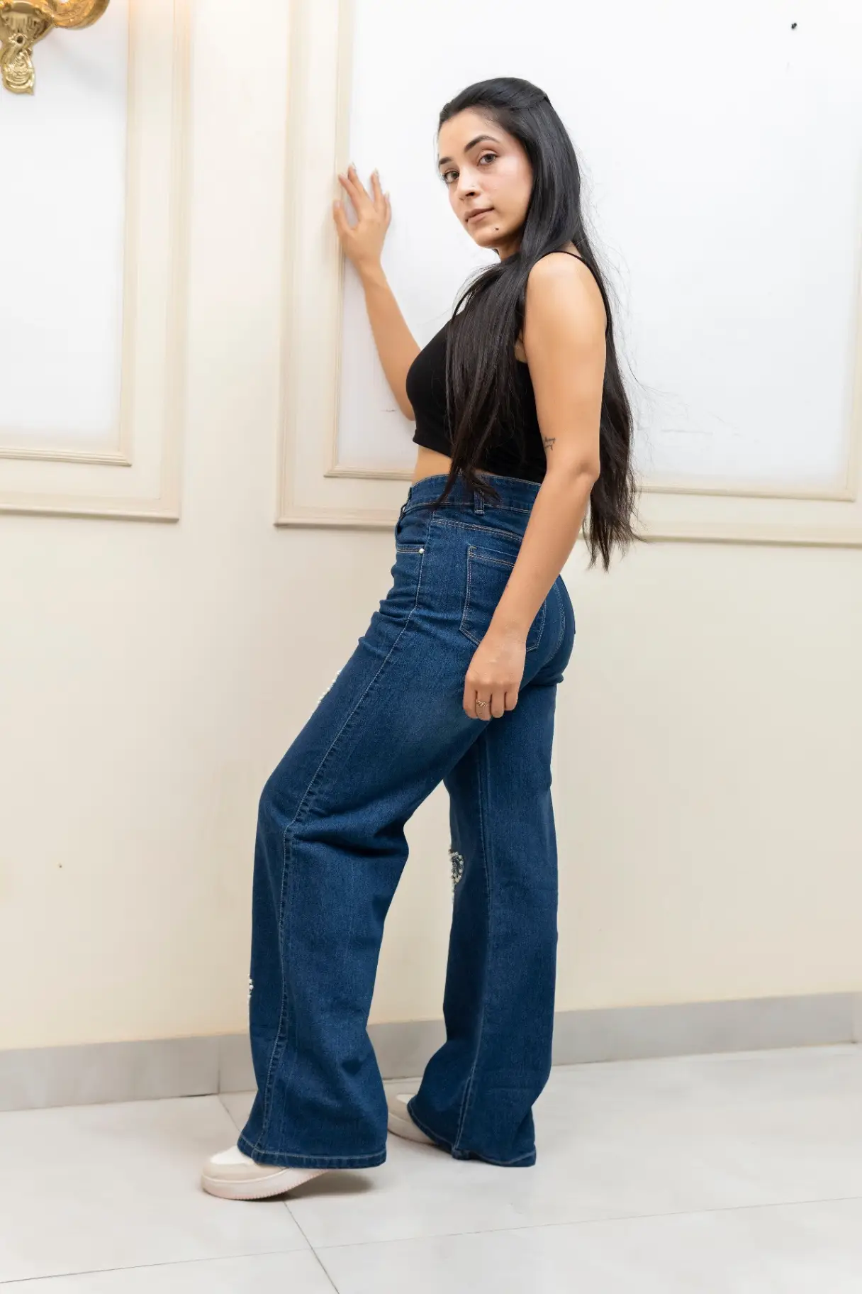 High-Waisted Bow Embellished Wide-Leg Jeans view 4