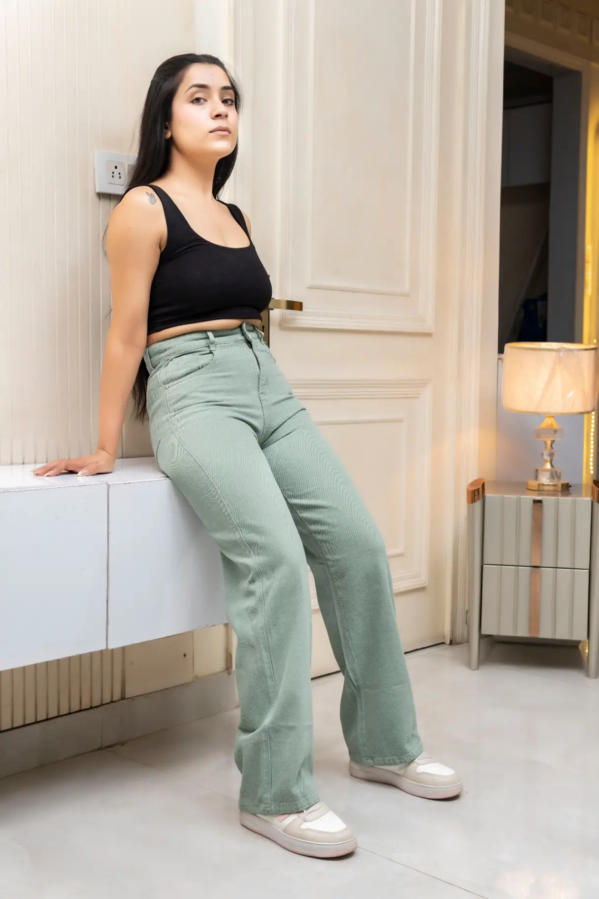 High-Rise Wide-Leg Jeans in Sage Green view 3