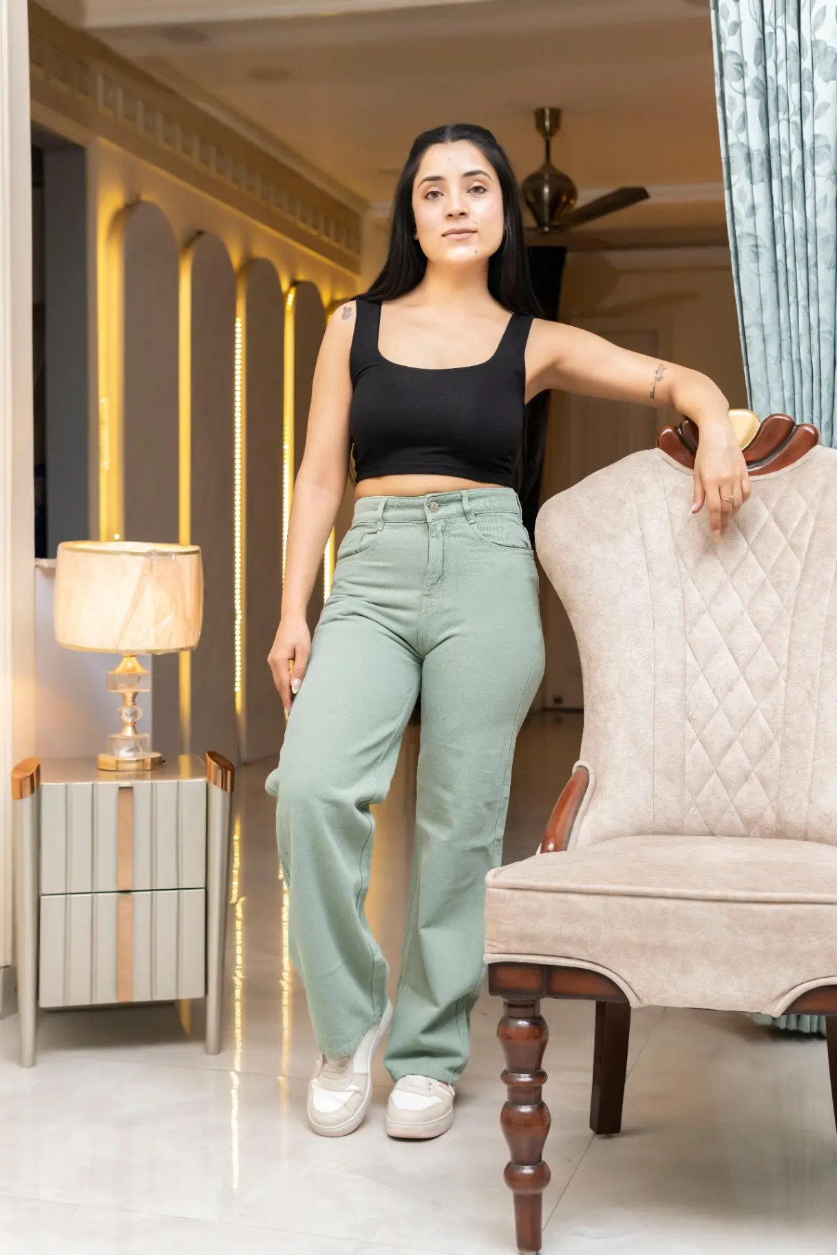High-Rise Wide-Leg Jeans in Sage Green view 4