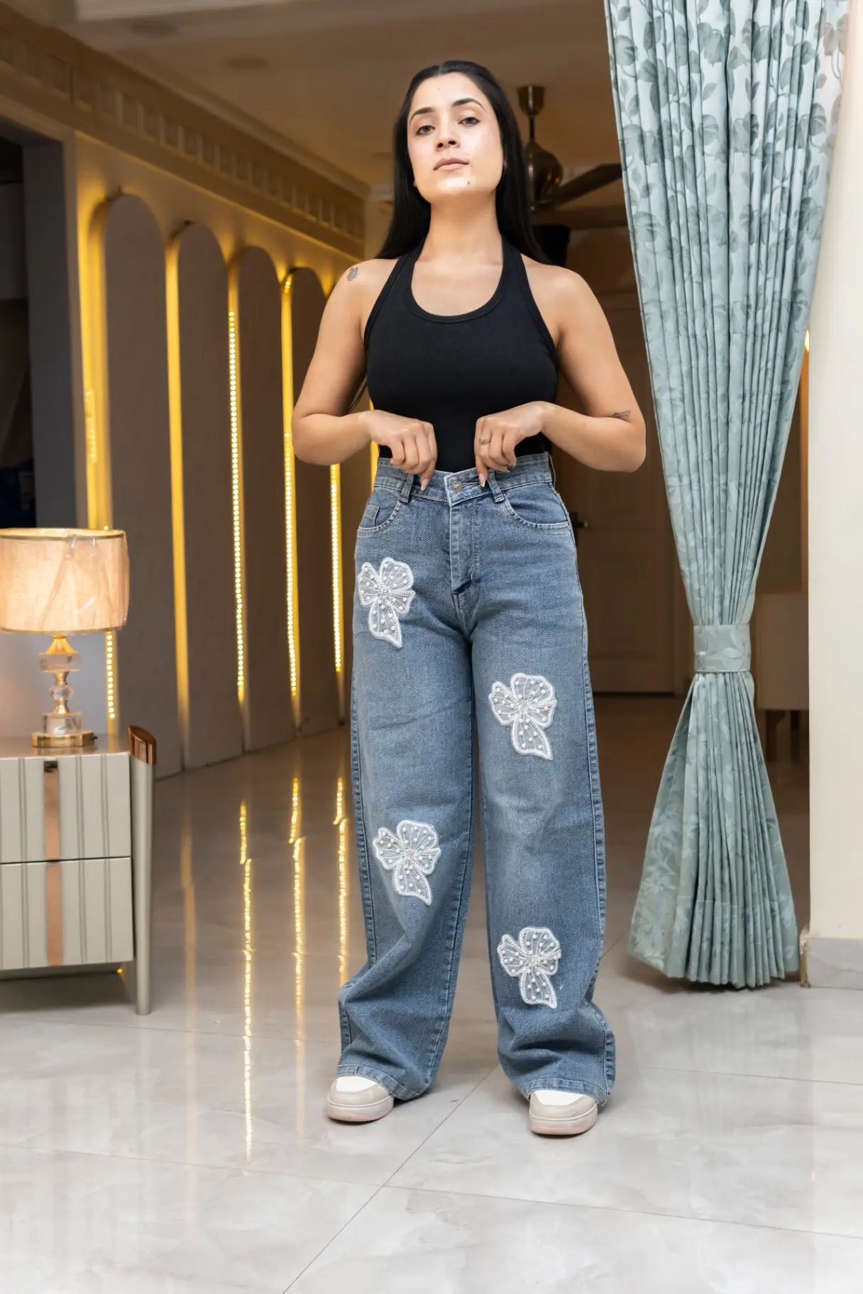 High-Rise Wide-Leg Jeans with Pearl Bow Patches