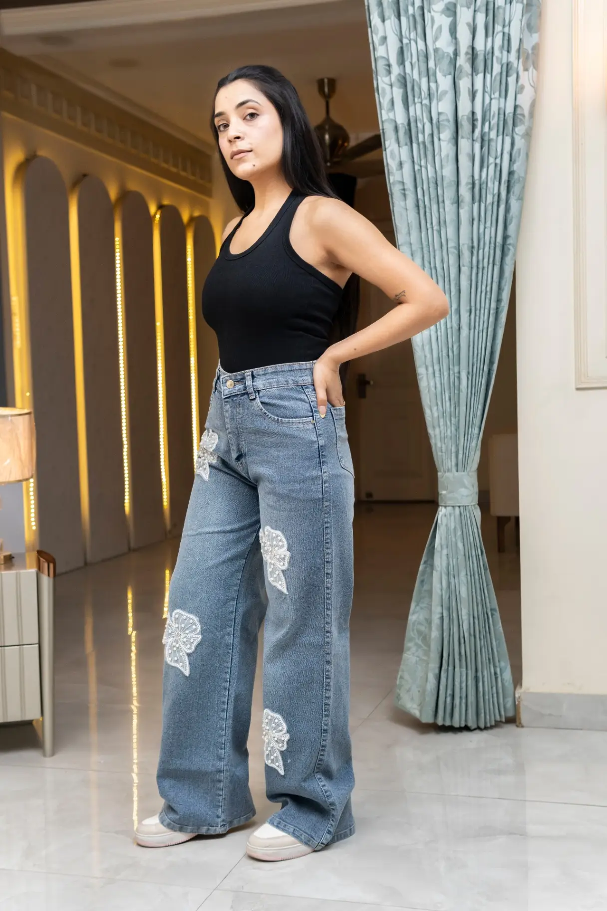 High-Rise Wide-Leg Jeans with Pearl Bow Patches view 2