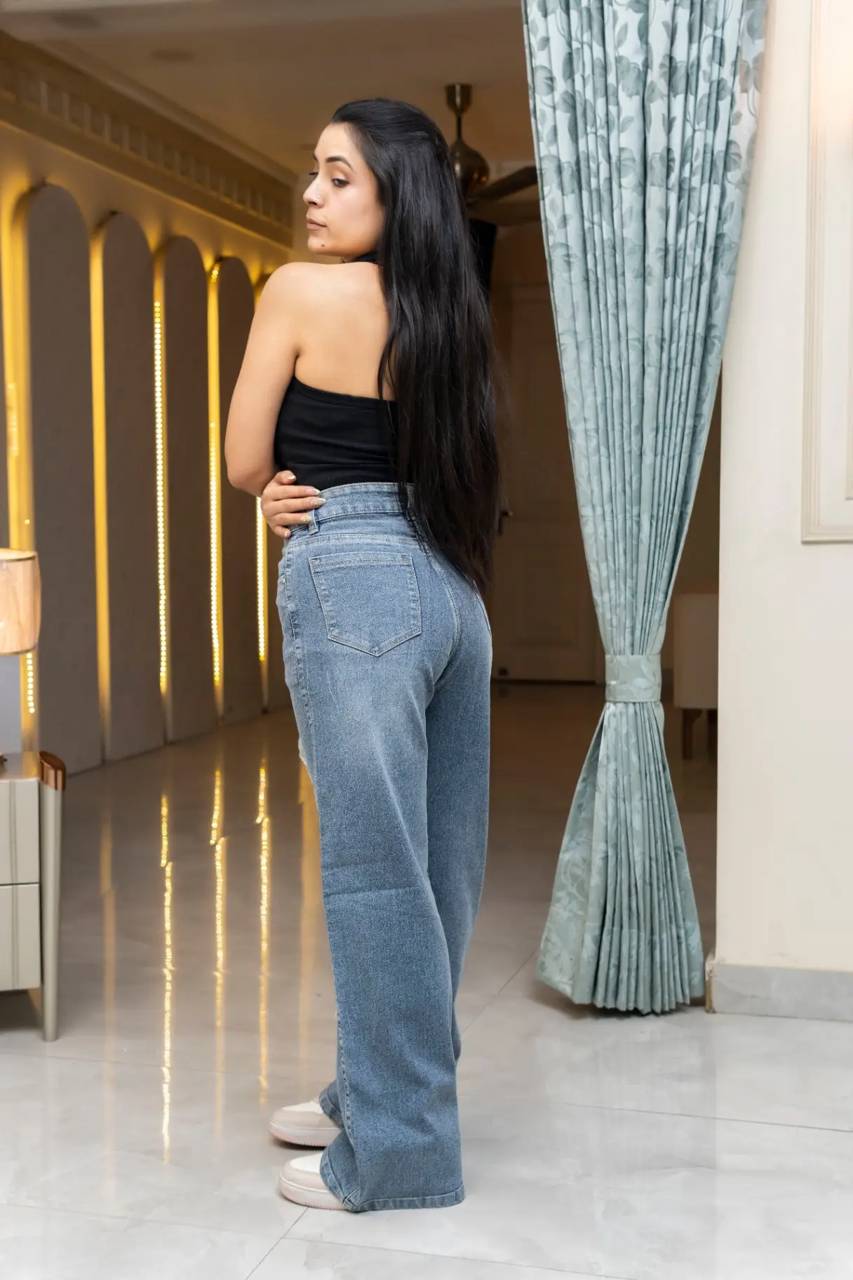 High-Rise Wide-Leg Jeans with Pearl Bow Patches view 3