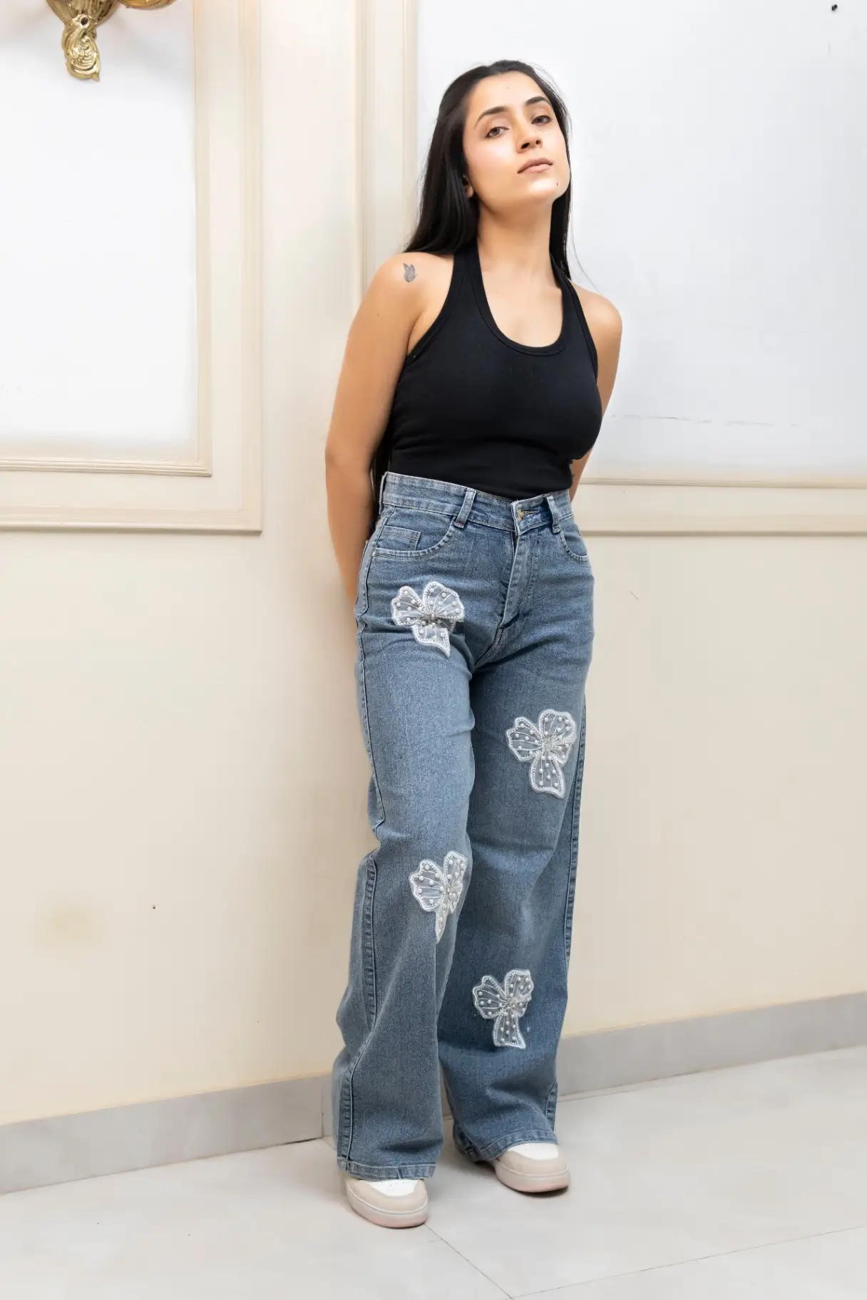 High-Rise Wide-Leg Jeans with Pearl Bow Patches view 4
