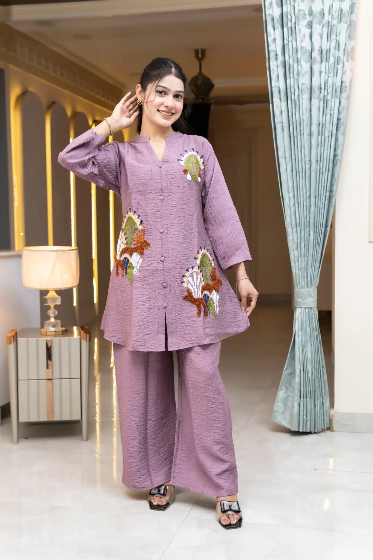 Textured Mauve Co-ord Set with Patchwork Embroidery