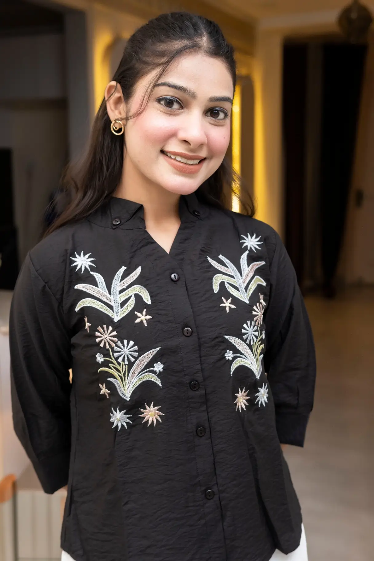Women's Embroidered Black Crinkle Top with Three-Quarter Sleeves view 2