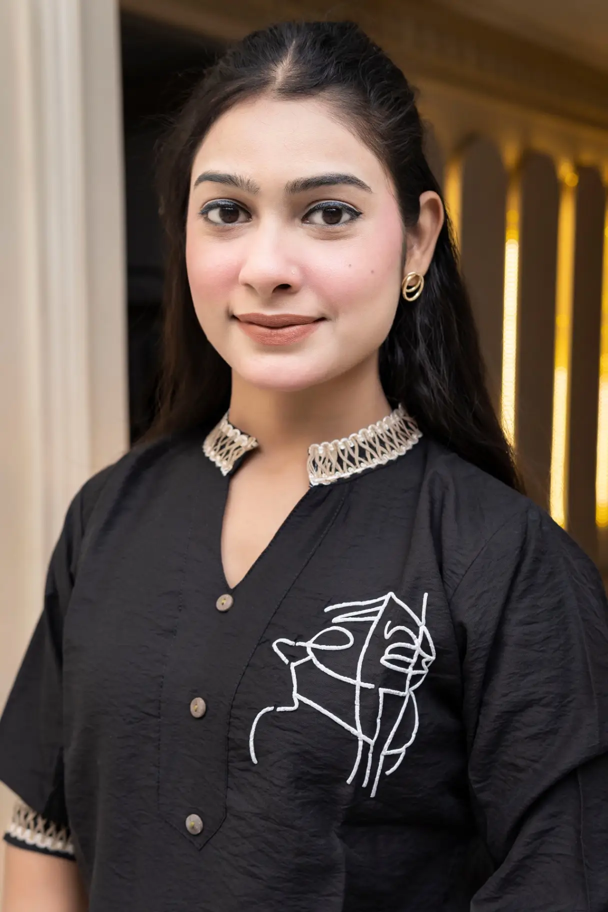 Black V-Neck Top with Cream Lace & Line Art view 2