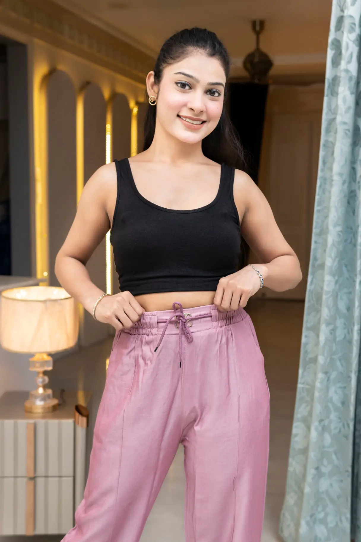 High-Waisted Drawstring Wide-Leg Trousers in Dusty Pink view 3