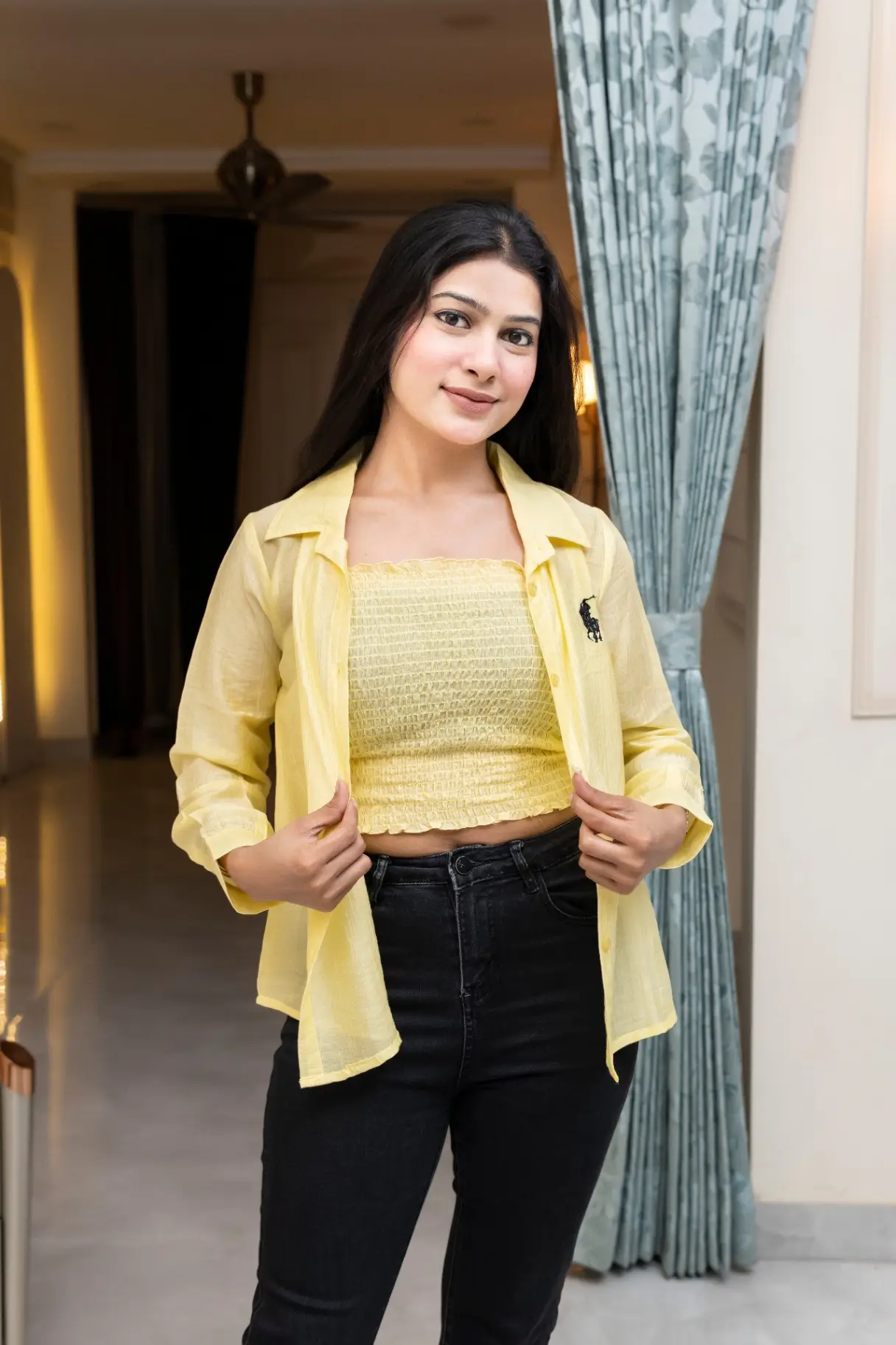 Pastel Yellow Smocked Crop Top and Sheer Over shift Set