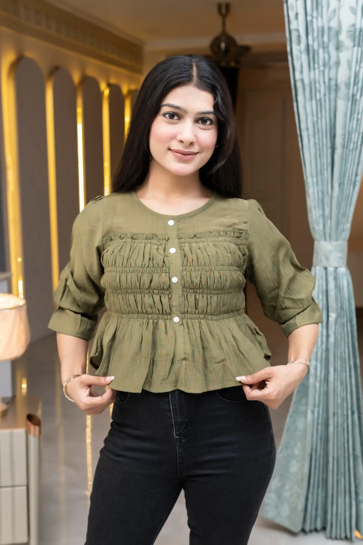 Textured Olive Green Smocked Peplum Crop Top