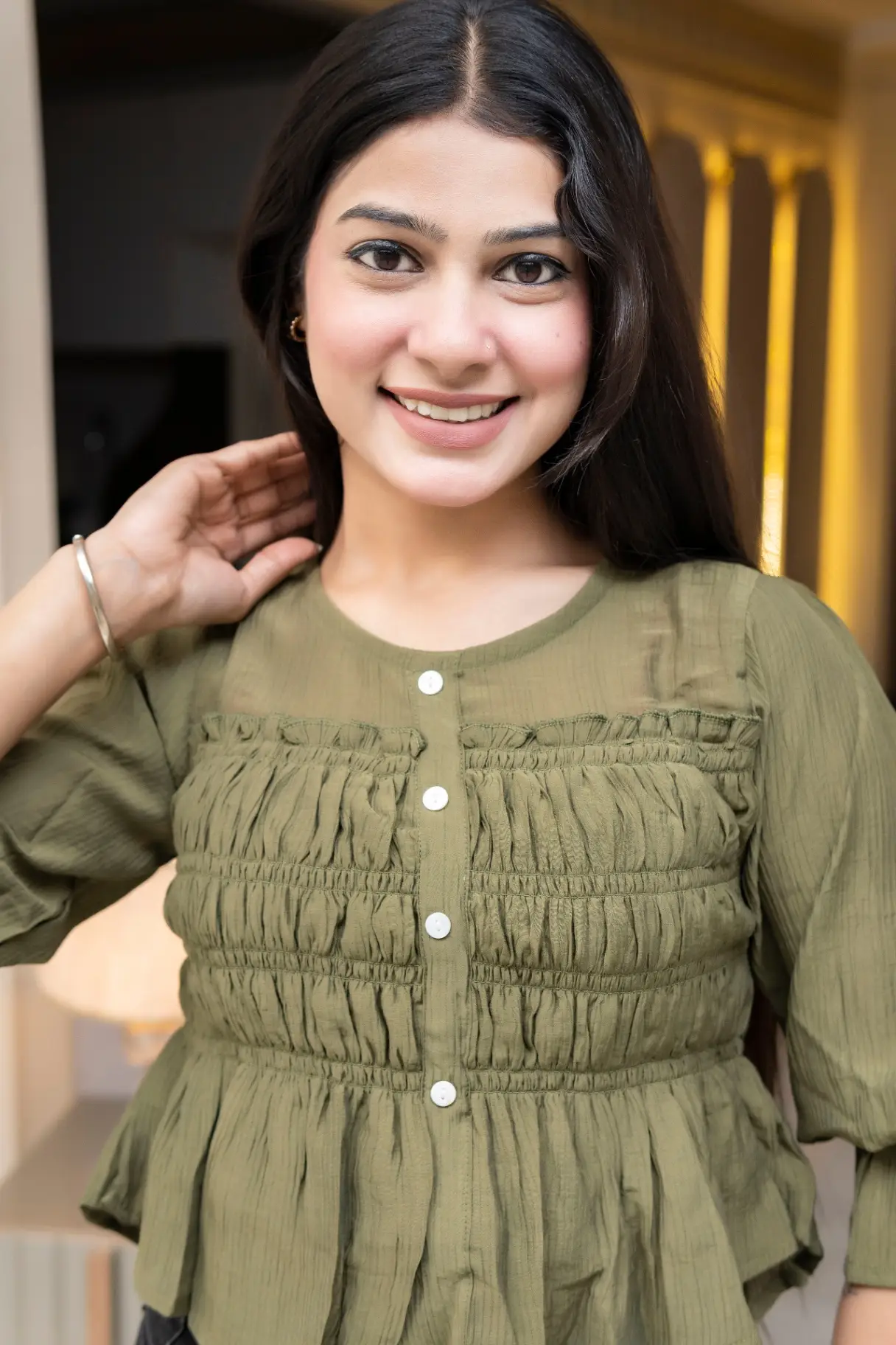 Textured Olive Green Smocked Peplum Crop Top view 2