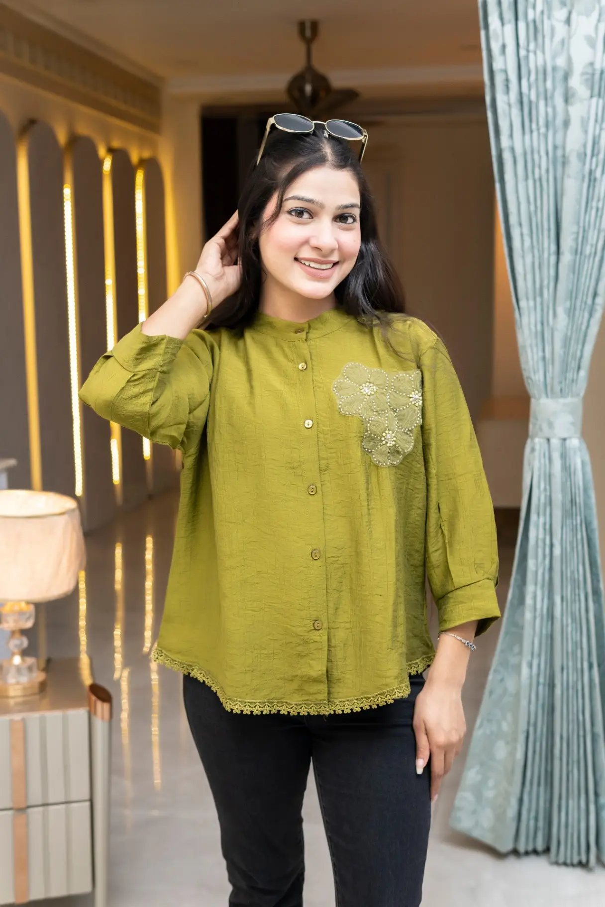 Olive Green Top with Lace Flower Applique