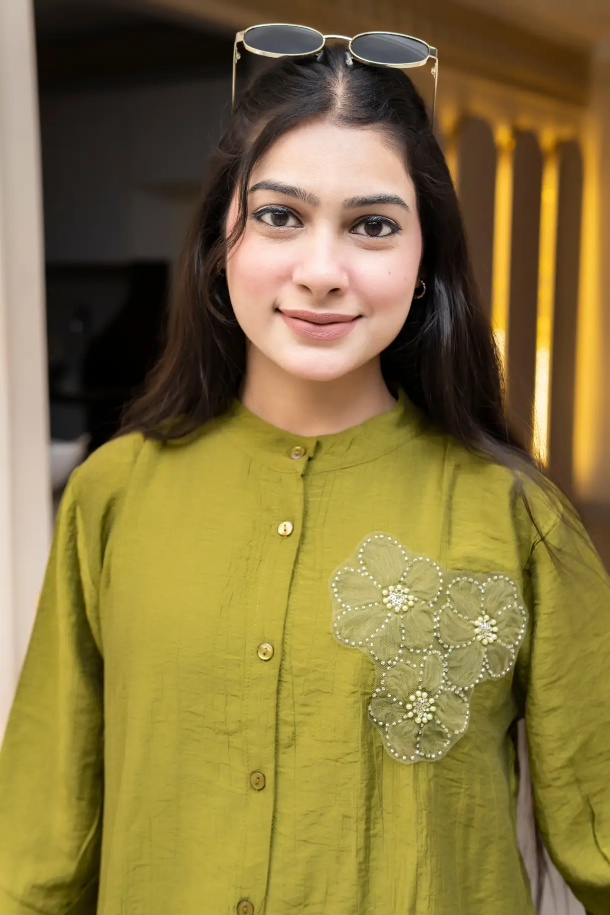 Olive Green Top with Lace Flower Applique view 2