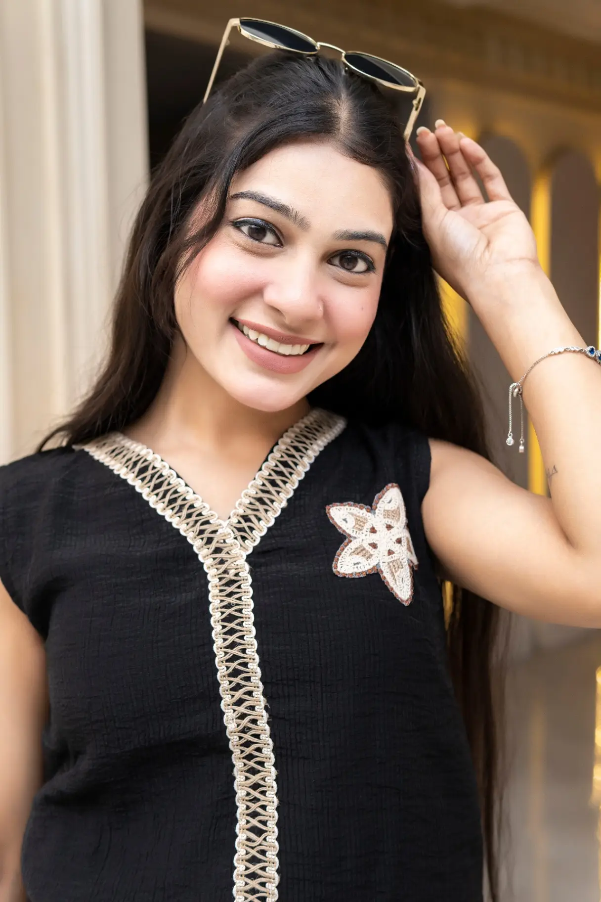 Textured Black Sleeveless Top with Crochet Trim & Star Patches view 2