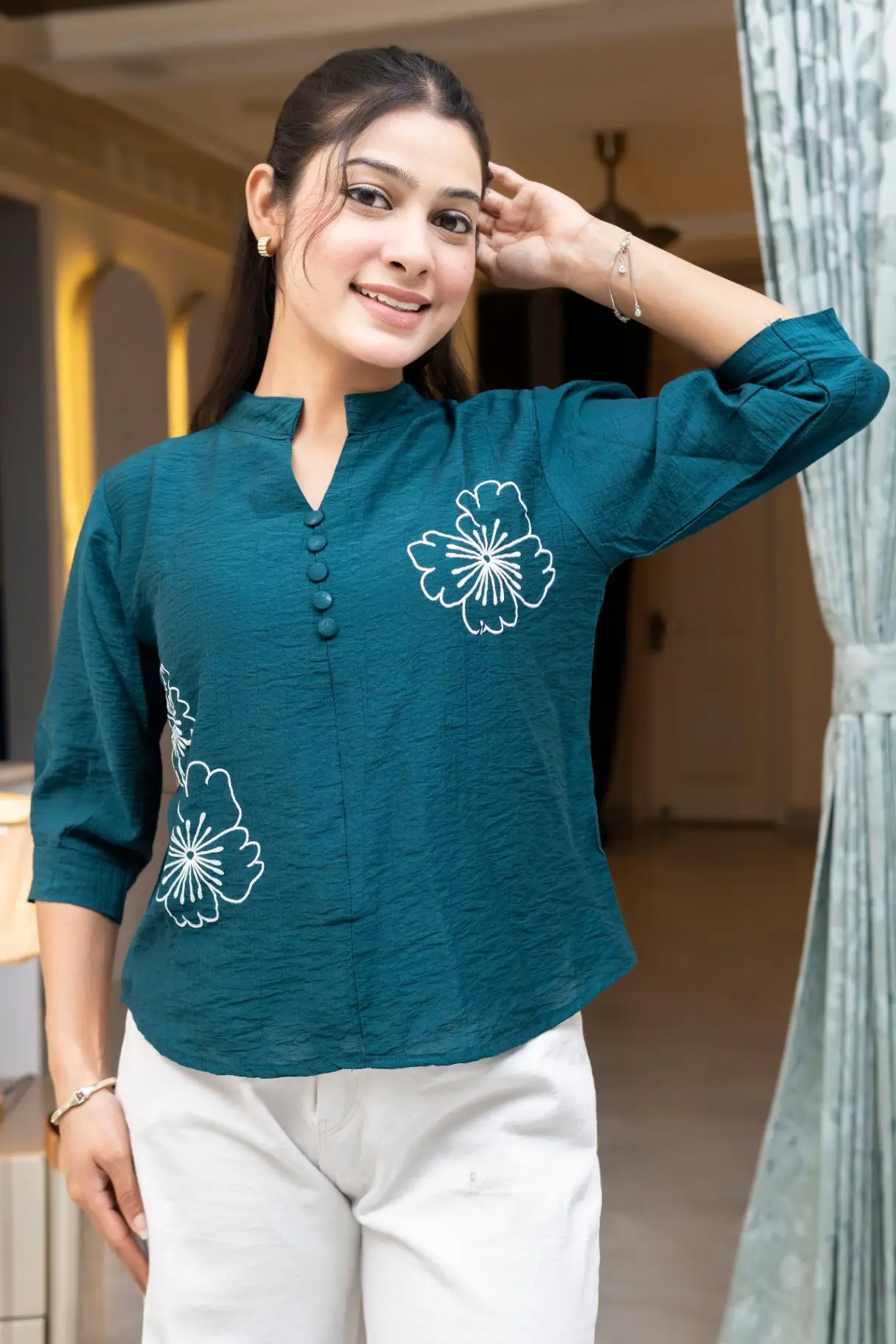 Teal Blue Top with White Floral Line-Art
