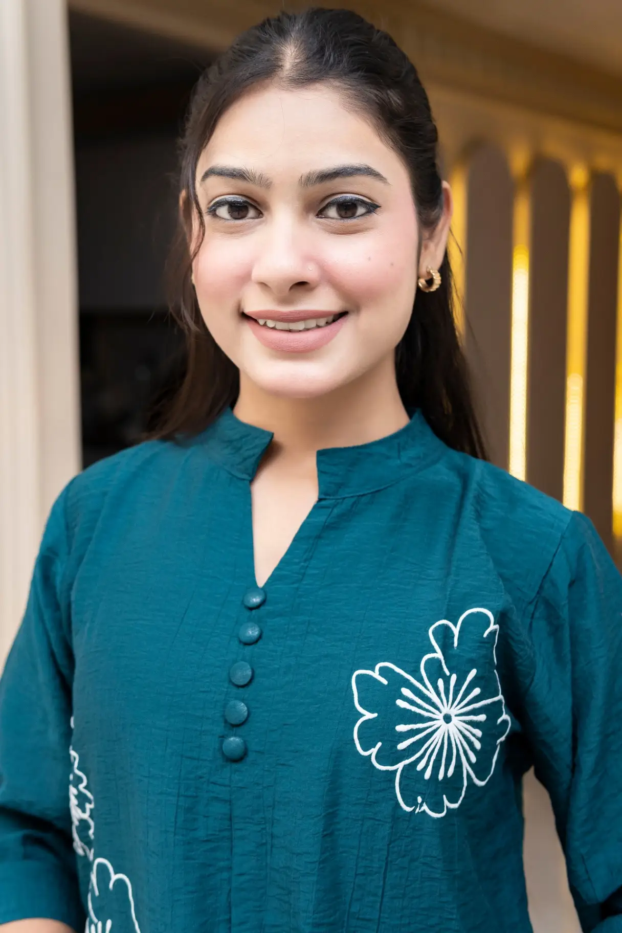 Teal Blue Top with White Floral Line-Art view 2