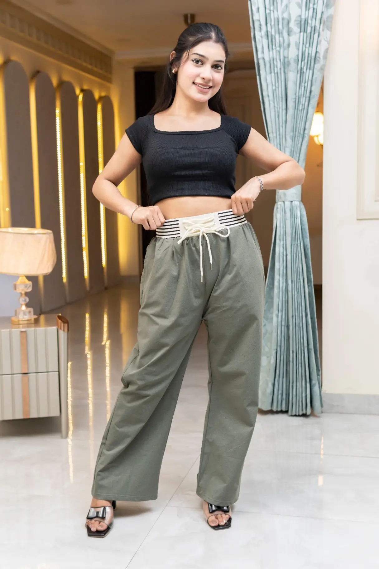 High-Waisted Corset Waist Wide-Leg Trousers in Olive