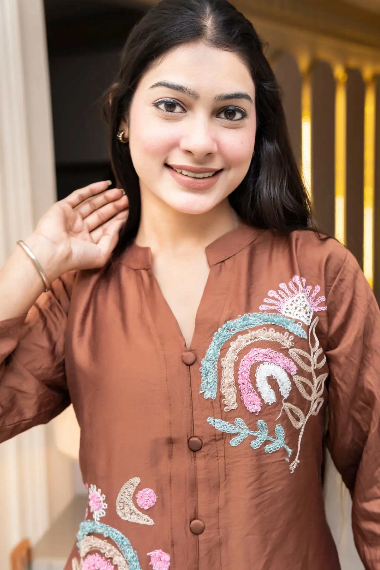 Textured Chocolate Brown Co-ord Set with Pastel Embroidery view 2