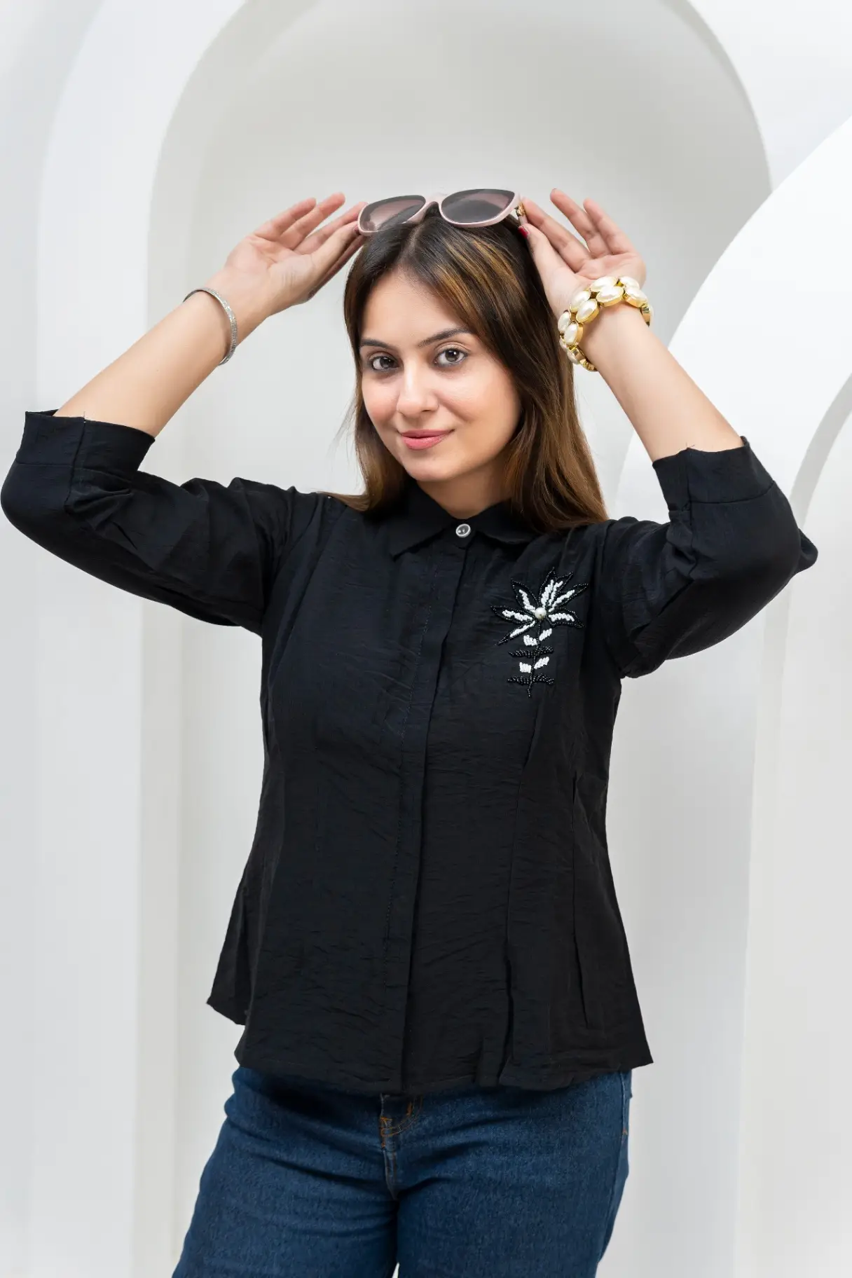 Black Button-Down Shirt Top with Beaded Leaf Applique