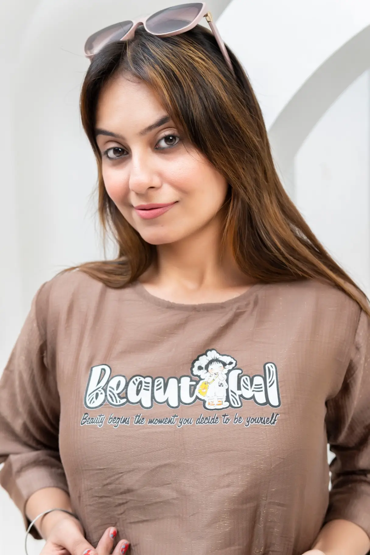 Taupe Cropped Top with Layered Graphic Print view 2