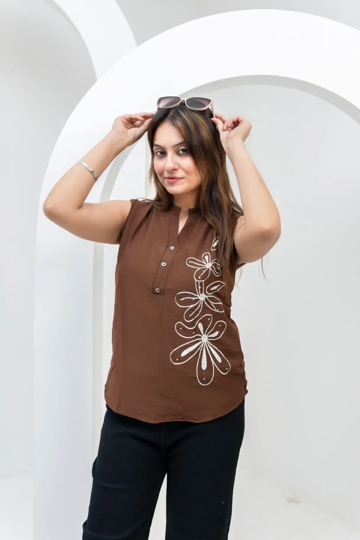 Sleeveless Chocolate Brown Top with Floral Line-Art Embroidery