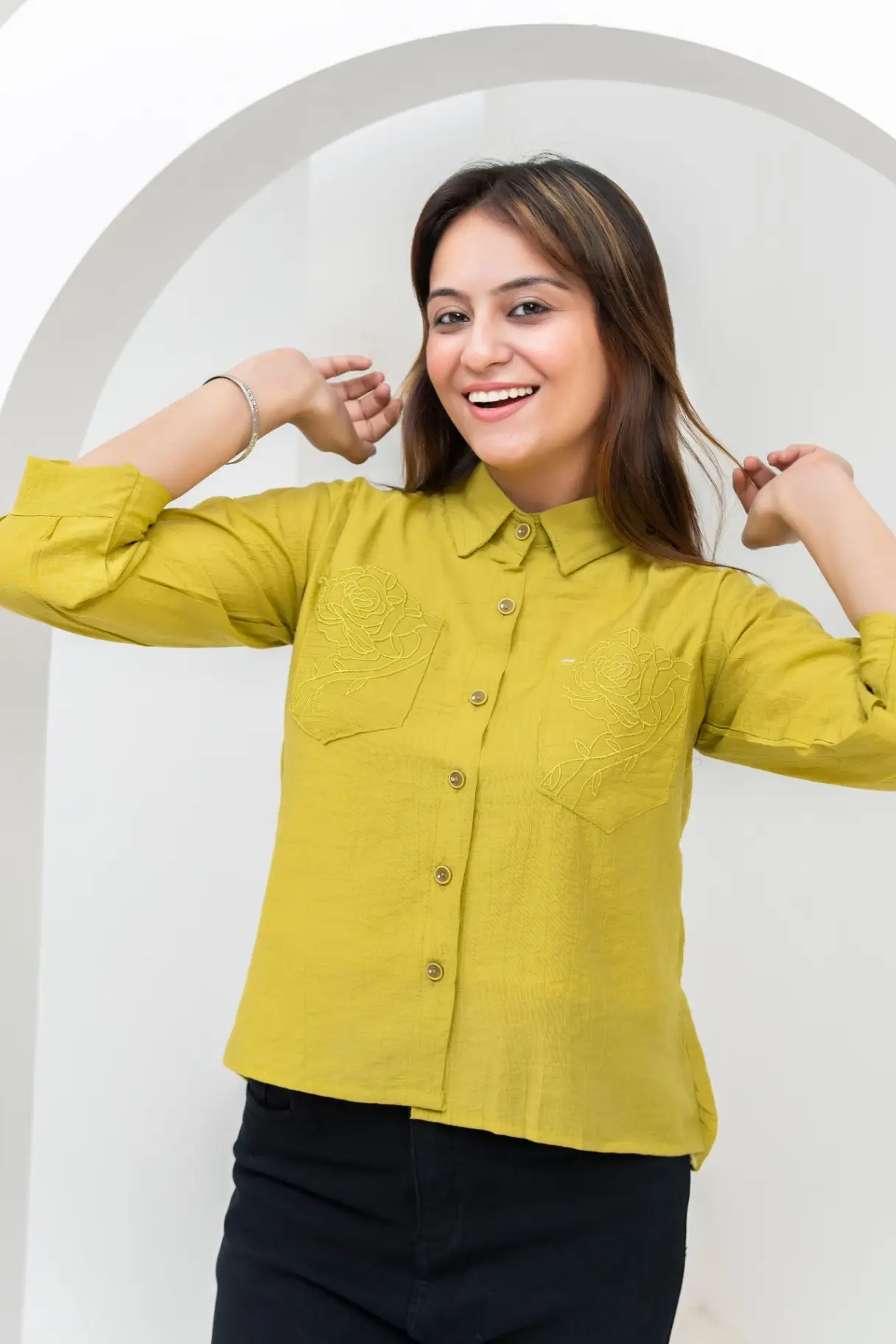 Olive-Lime Button-Down Shirt  Top with Tonal Embroidery view 2