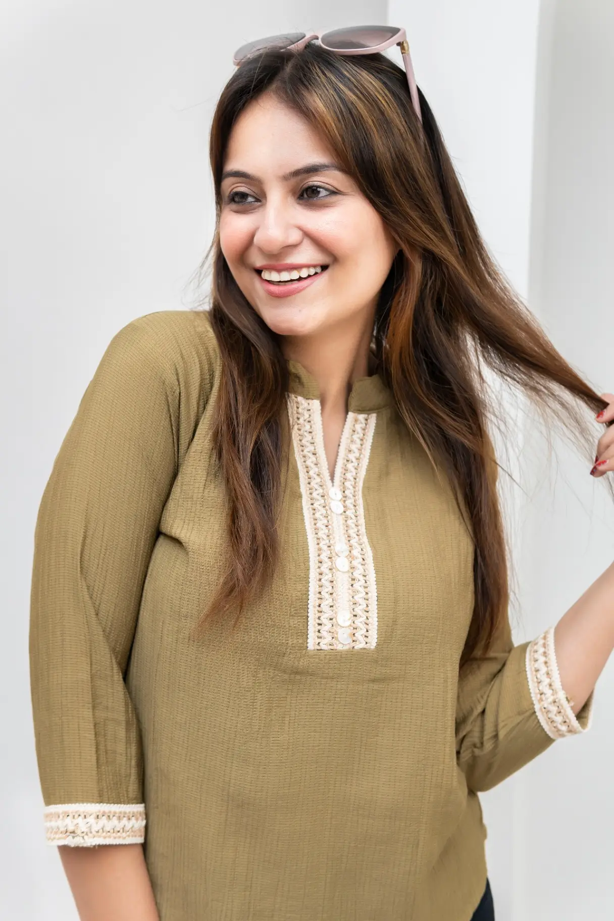 Olive Tunic Top with Cream Crochet Lace Trim