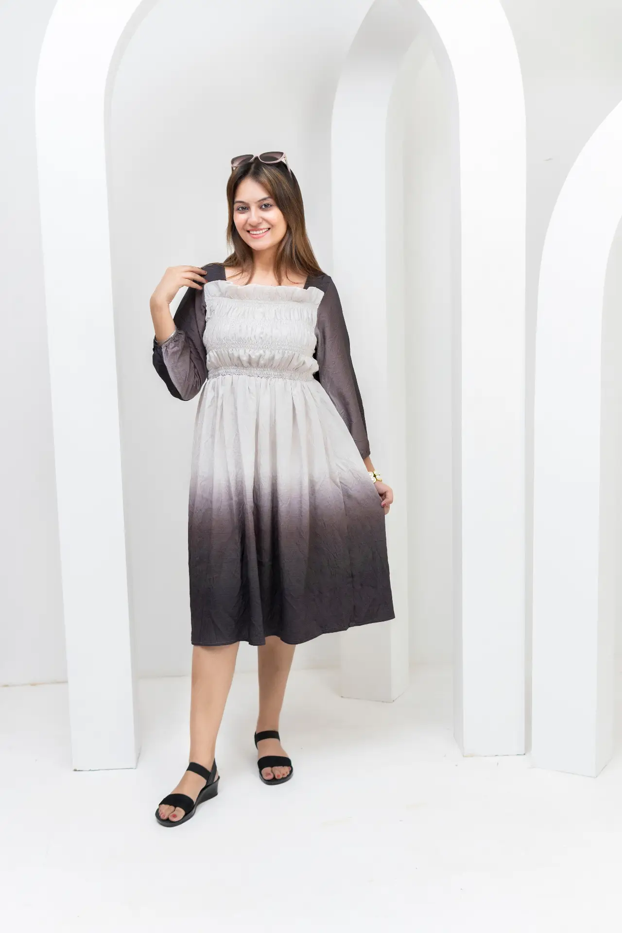 Monochrome Ombre Smocked Midi Dress in Charcoal Grey
