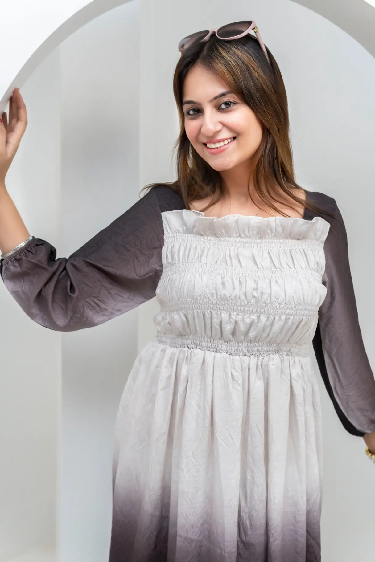 Monochrome Ombre Smocked Midi Dress in Charcoal Grey view 2