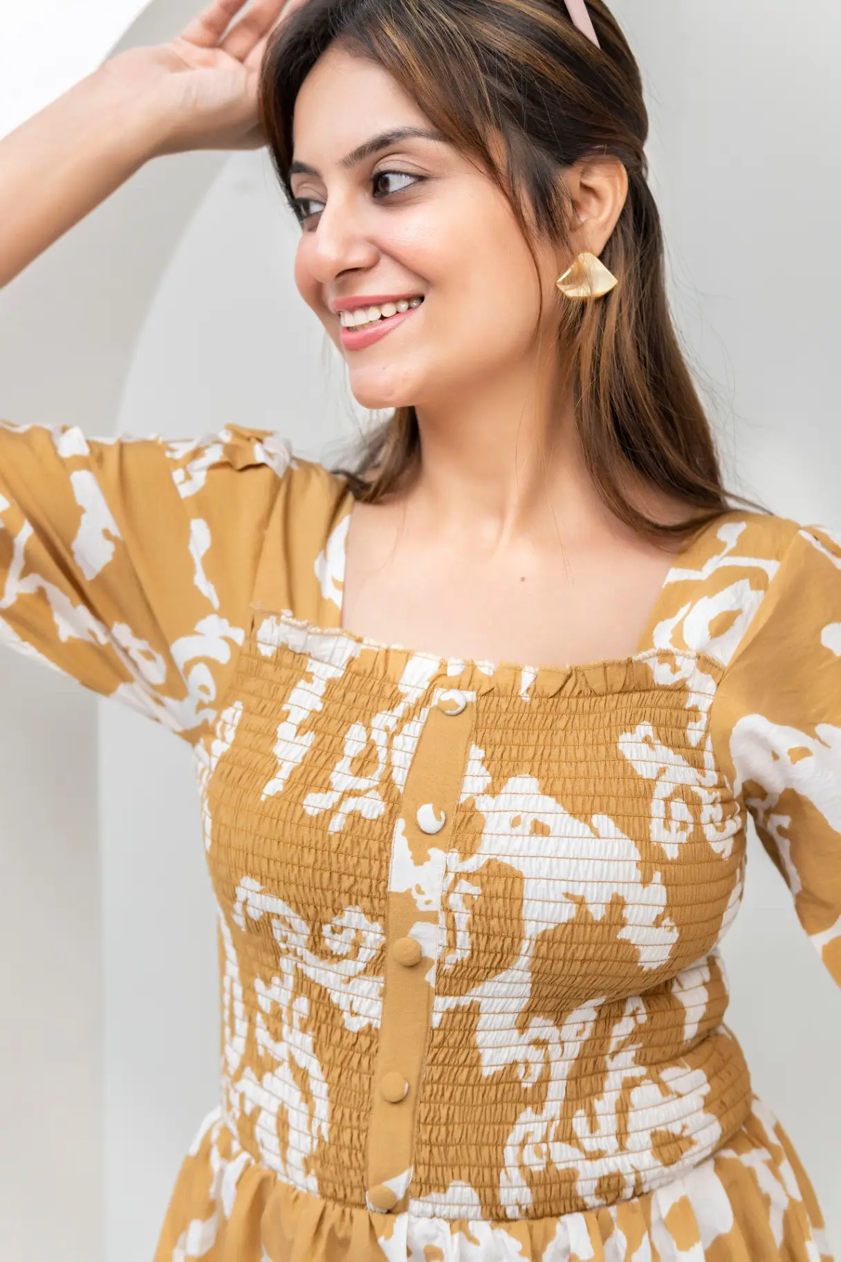 Mustard Yellow Abstract Floral Smocked Midi Dress