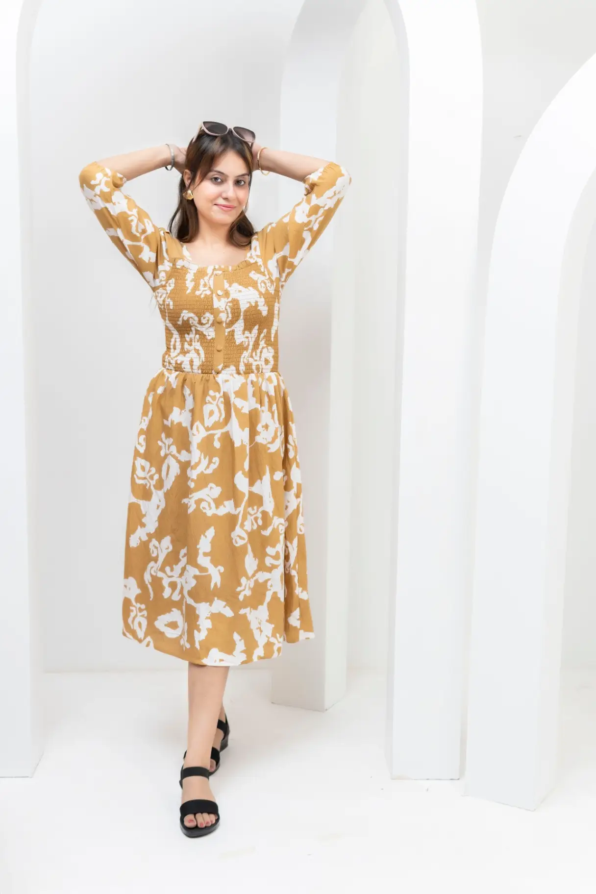 Mustard Yellow Abstract Floral Smocked Midi Dress view 2