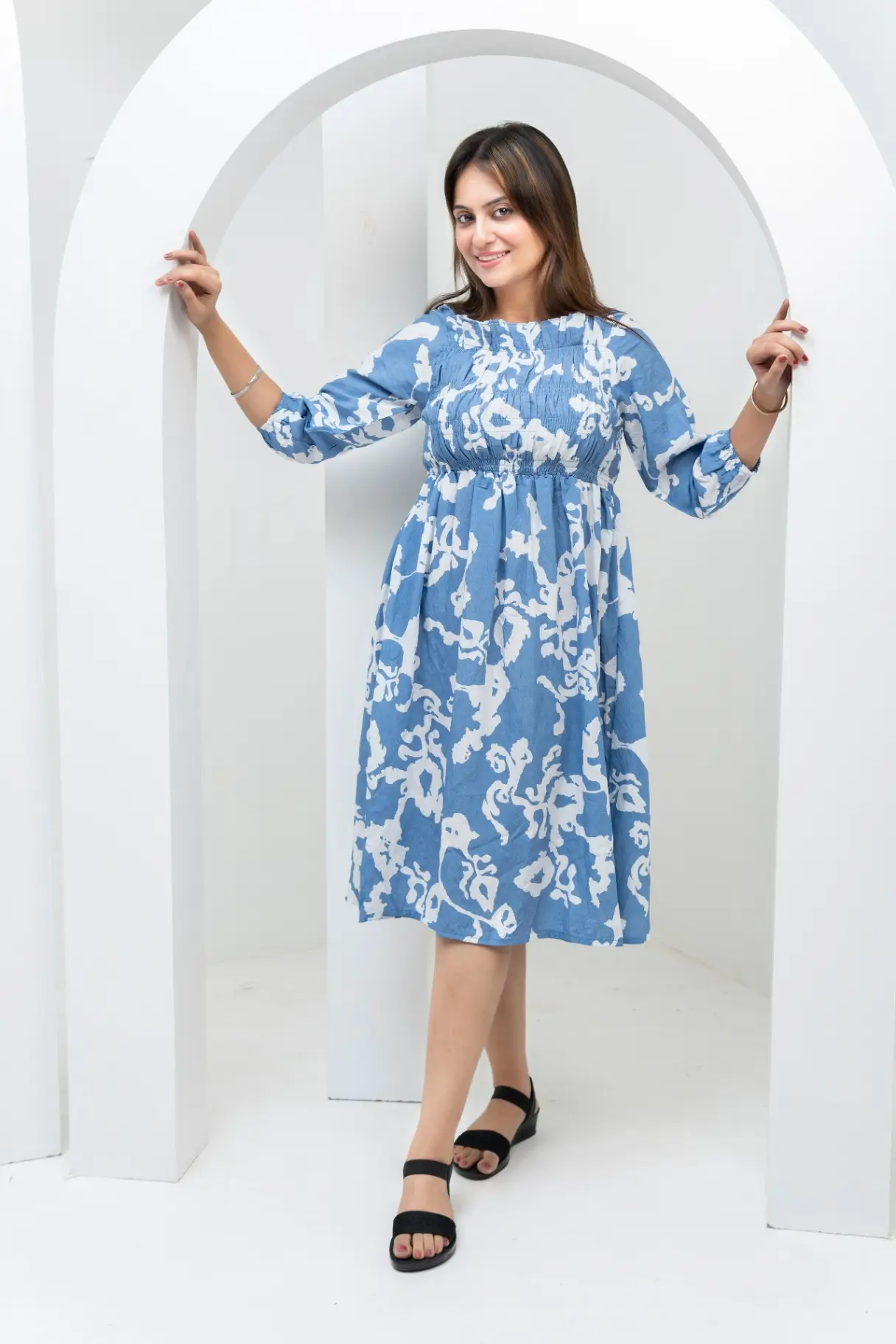 Powder Blue Abstract Floral Smocked Midi Dress