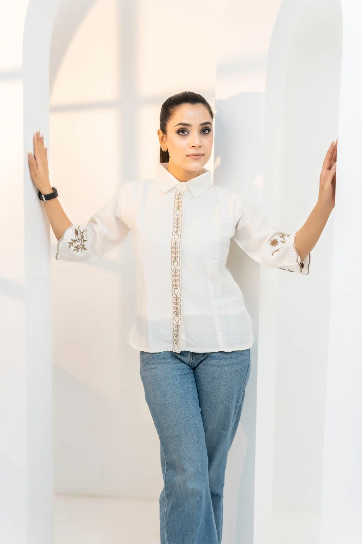 Ivory White Shirt with Metallic Gold Embroidery view 2