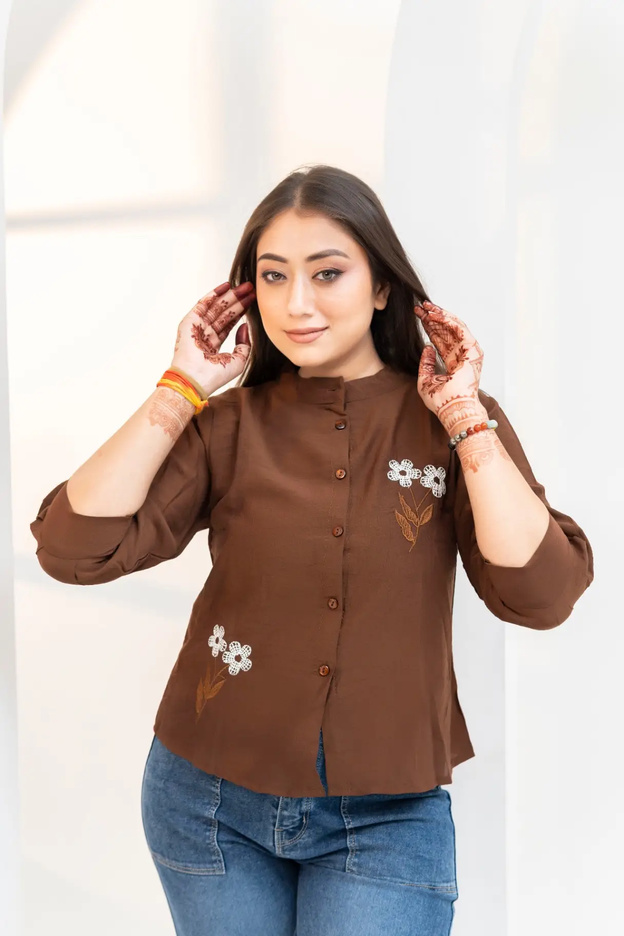 Chocolate Brown Top with Daisy Floral Appliques view 2