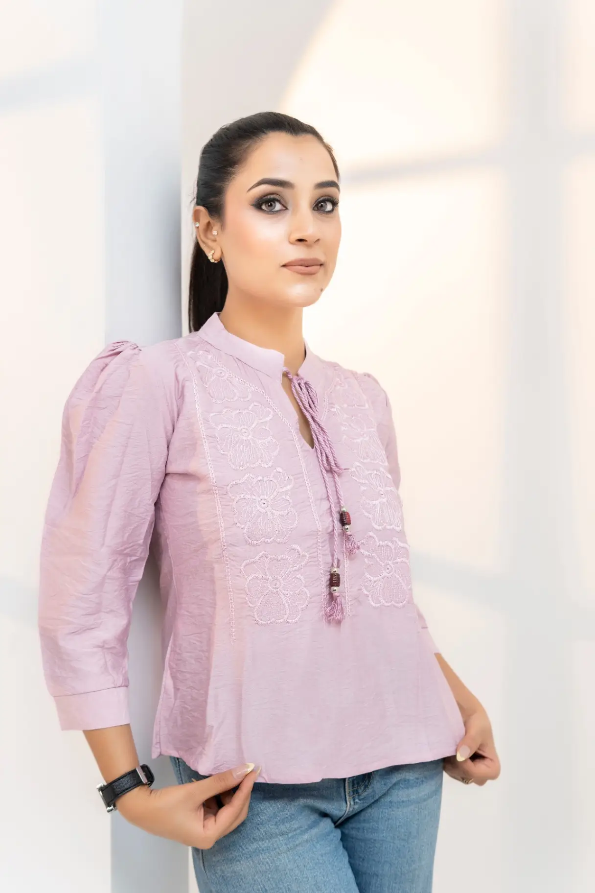 Mauve-Pink Top with White Lace-Style Embroidery view 2