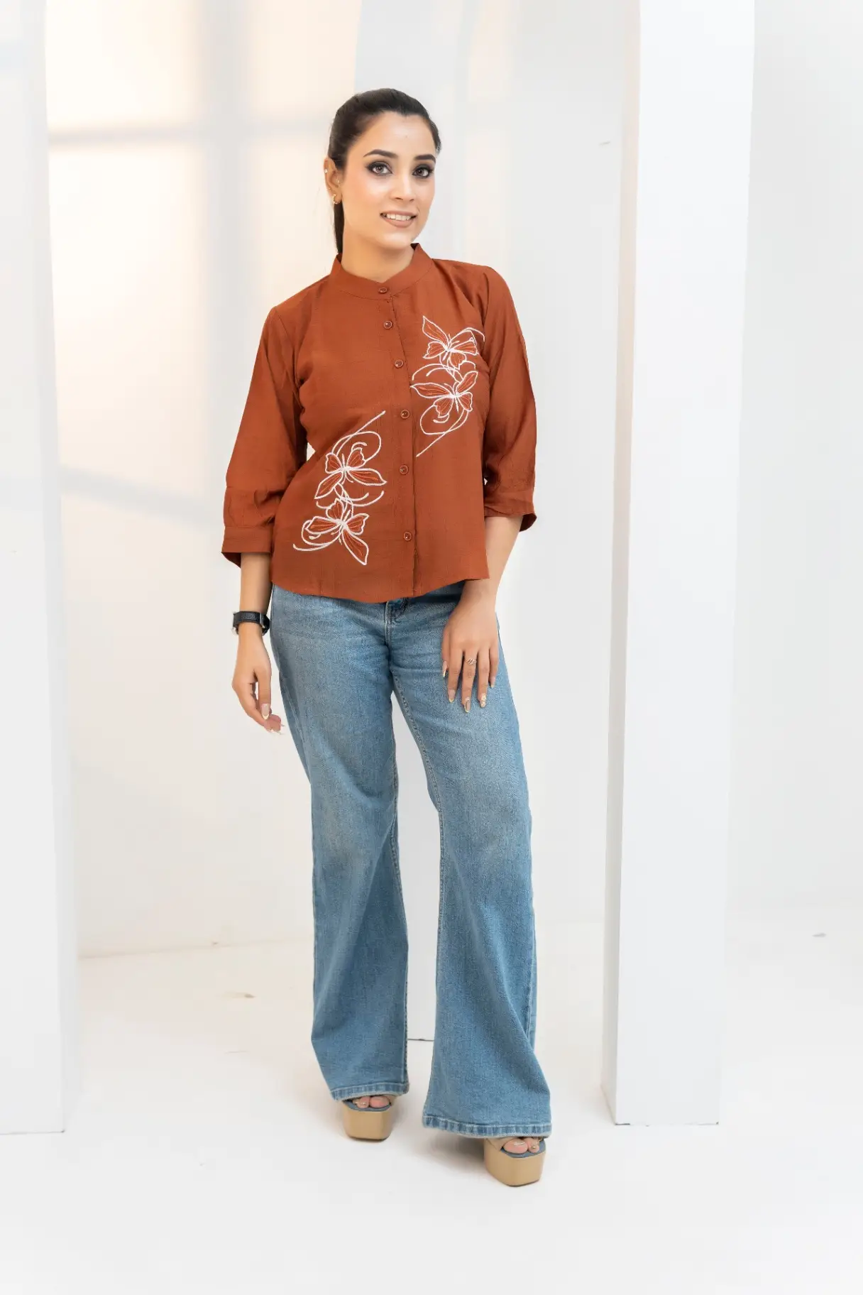 Rust Brown Top with Floral Line-Art Embroidery
