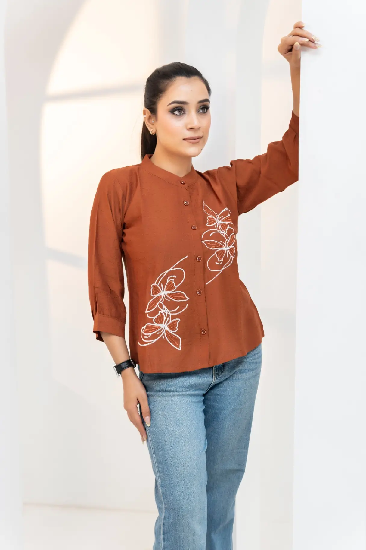 Rust Brown Top with Floral Line-Art Embroidery view 2