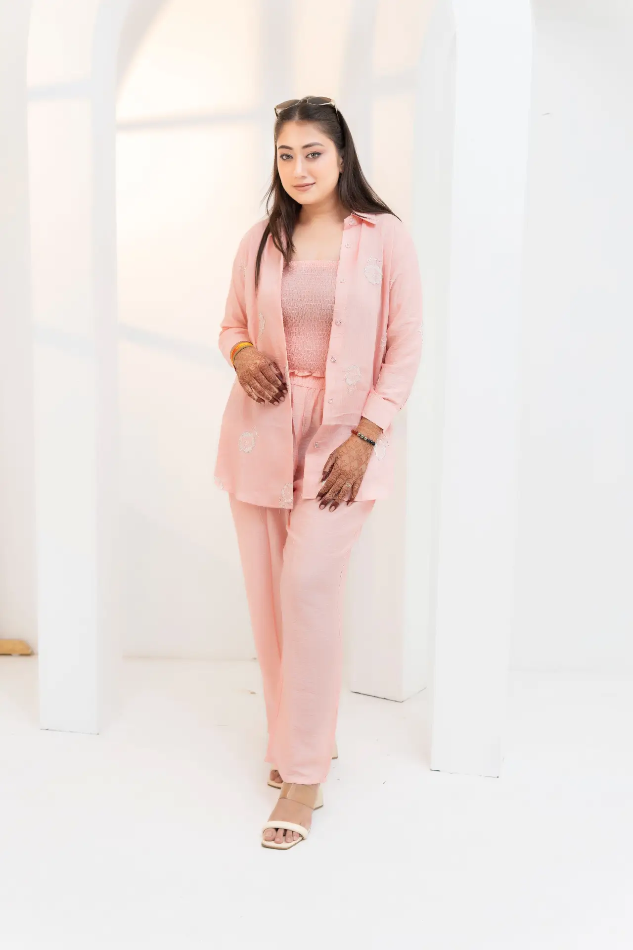 Pastel Peach Three-Piece Co-ord Set with Smocked Crop Top