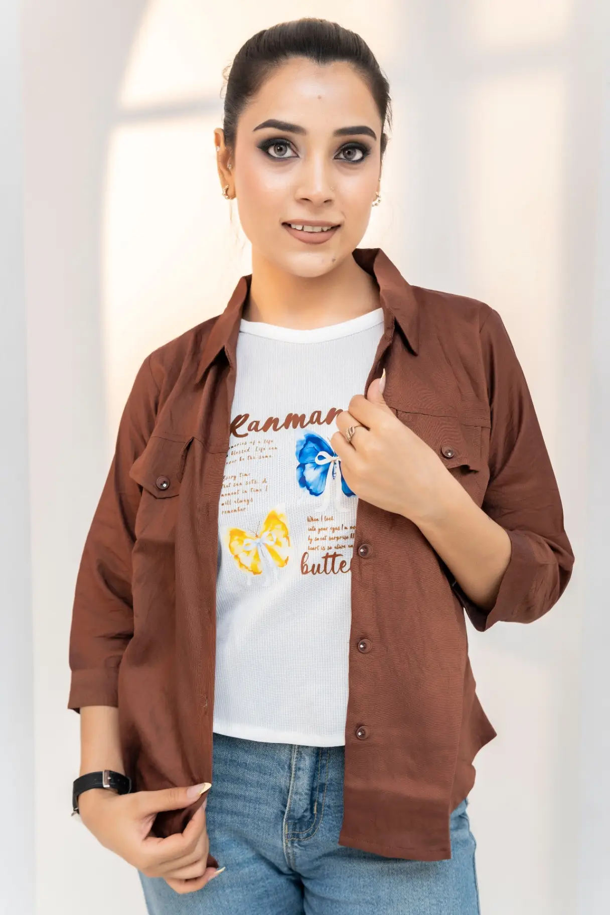 Chocolate Brown Open-Front Utility Shirt Top