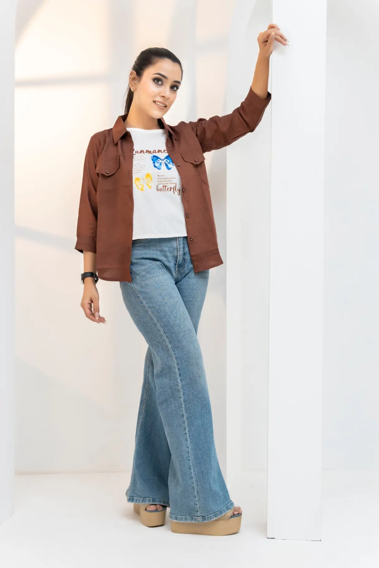 Chocolate Brown Open-Front Utility Shirt Top view 2
