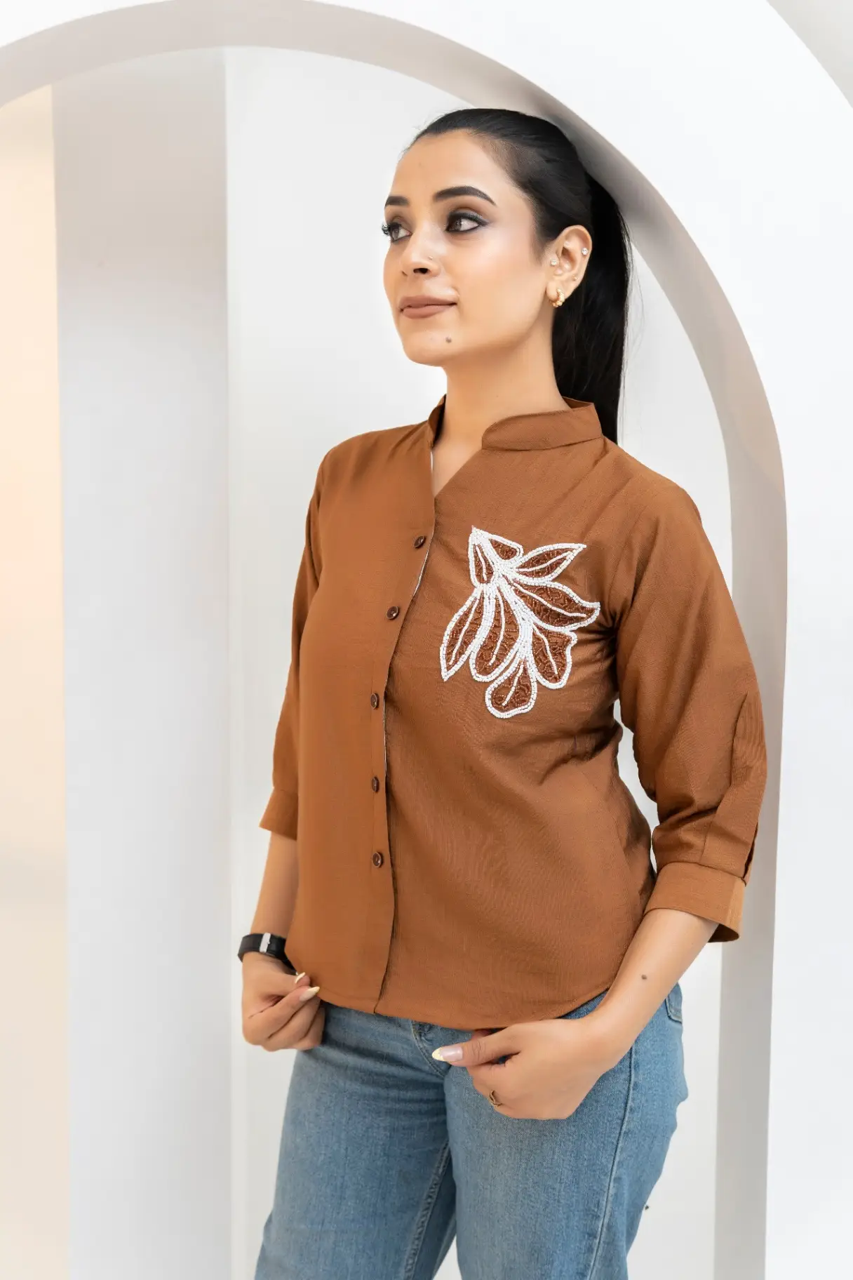 Tan-Brown Top with Floral Line-Art Chest Embroidery view 2
