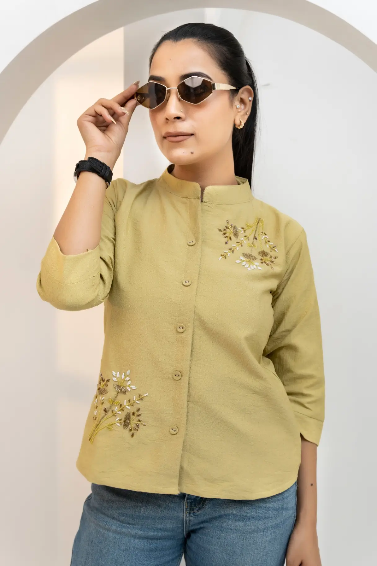 Olive-Sage Top with Mixed Floral Embroidery