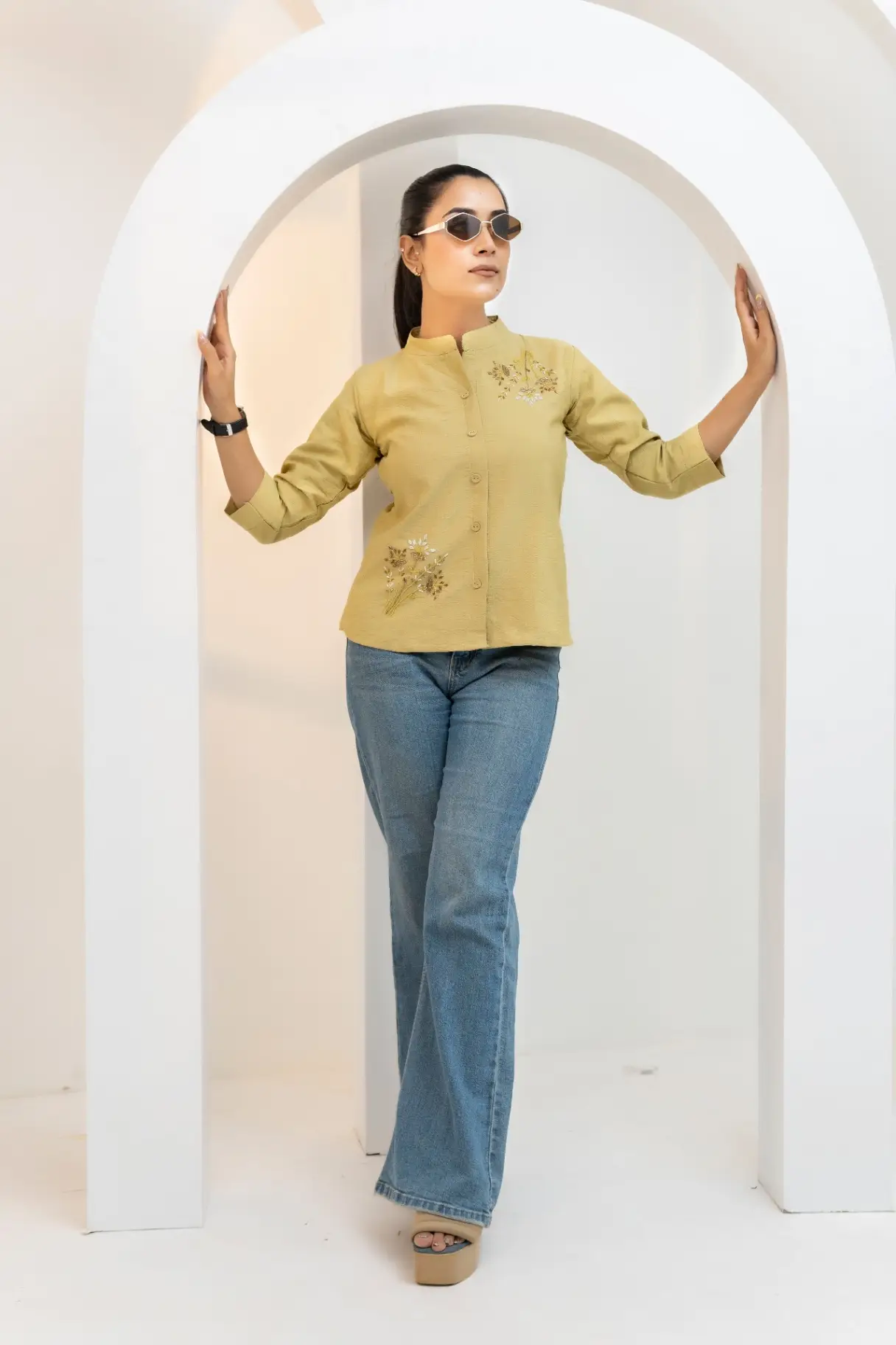 Olive-Sage Top with Mixed Floral Embroidery view 2