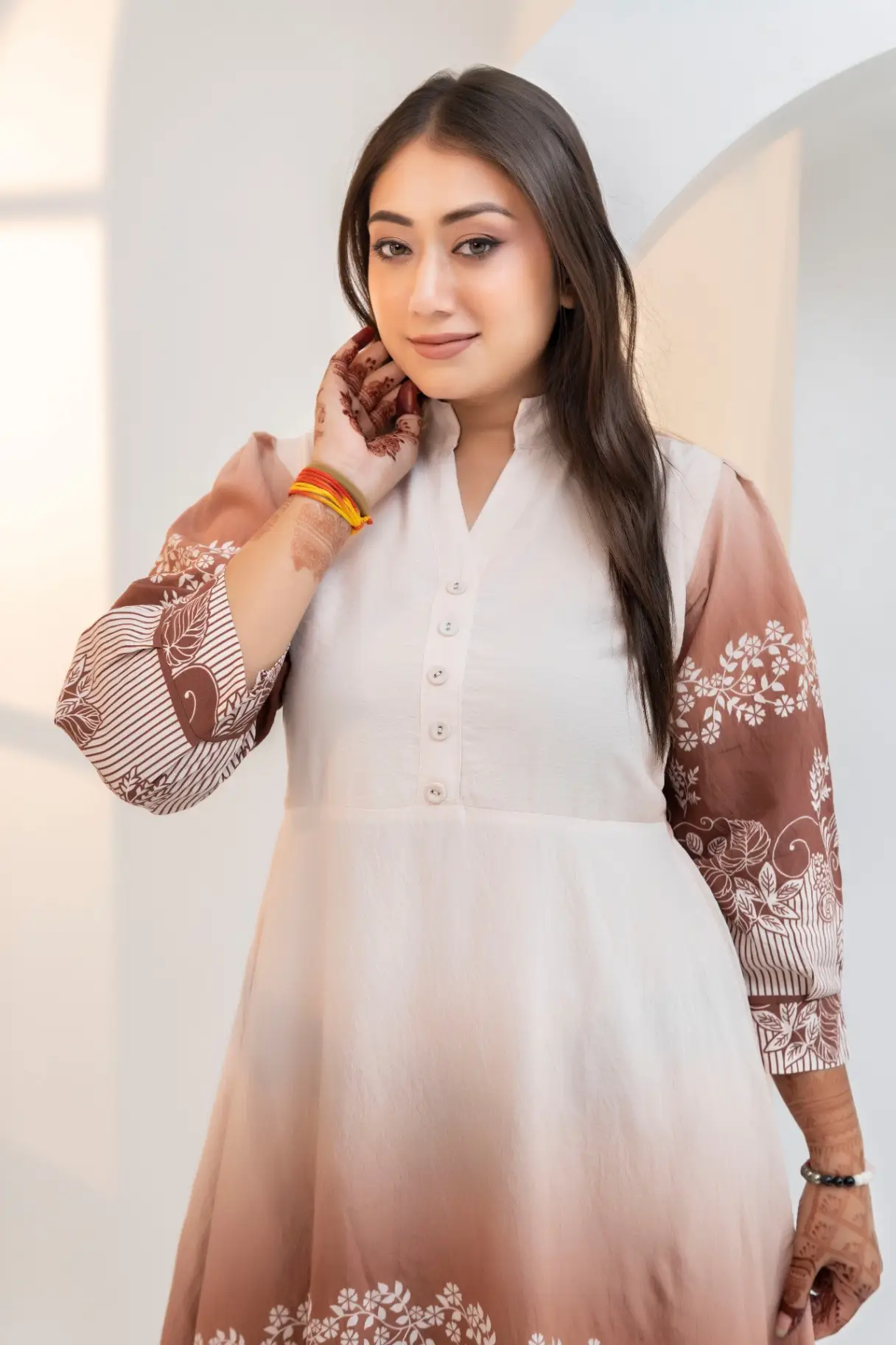 Cream and Coffee Ombre Midi Dress with Botanical Border view 2