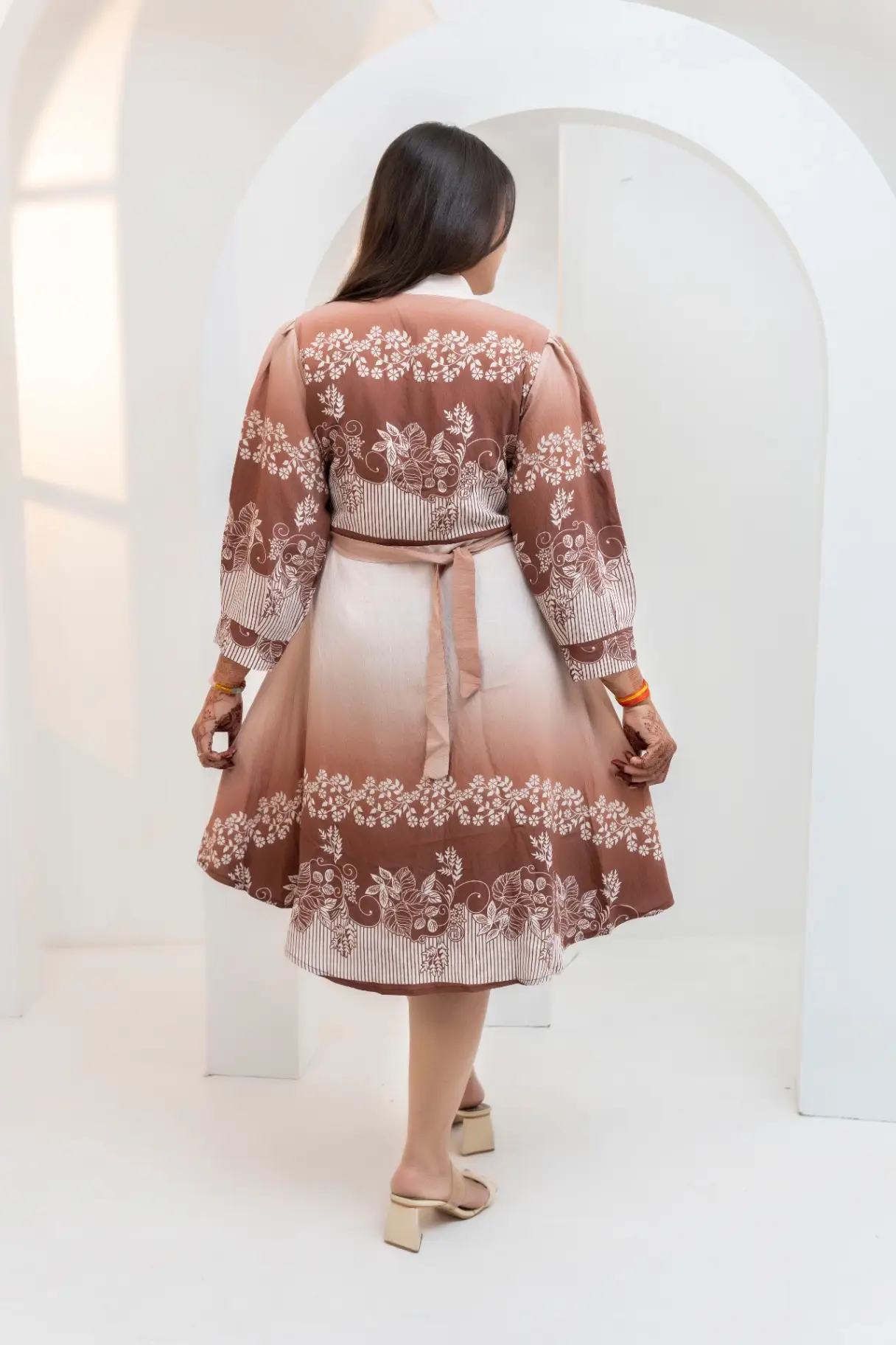 Cream and Coffee Ombre Midi Dress with Botanical Border view 3