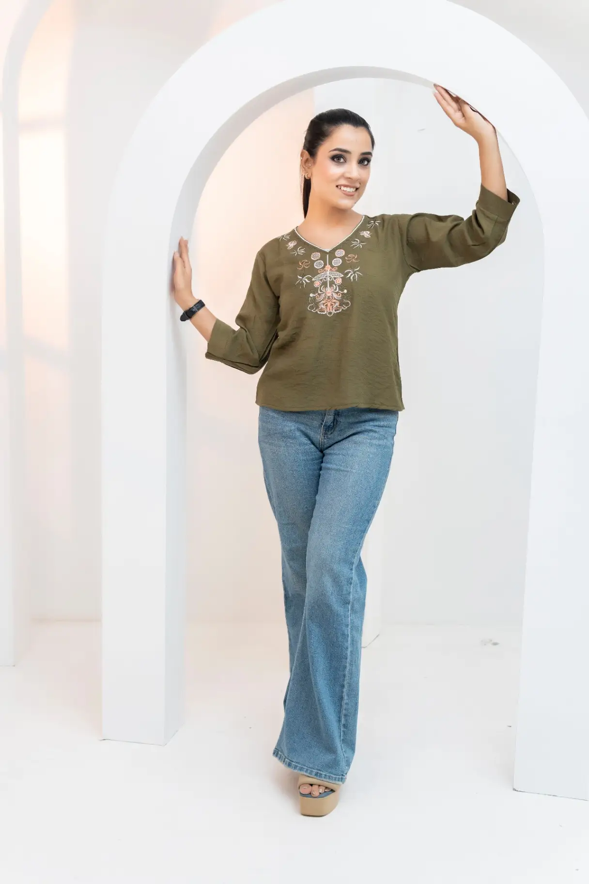 Textured Olive Green Top with Festive Embroidered Neckline