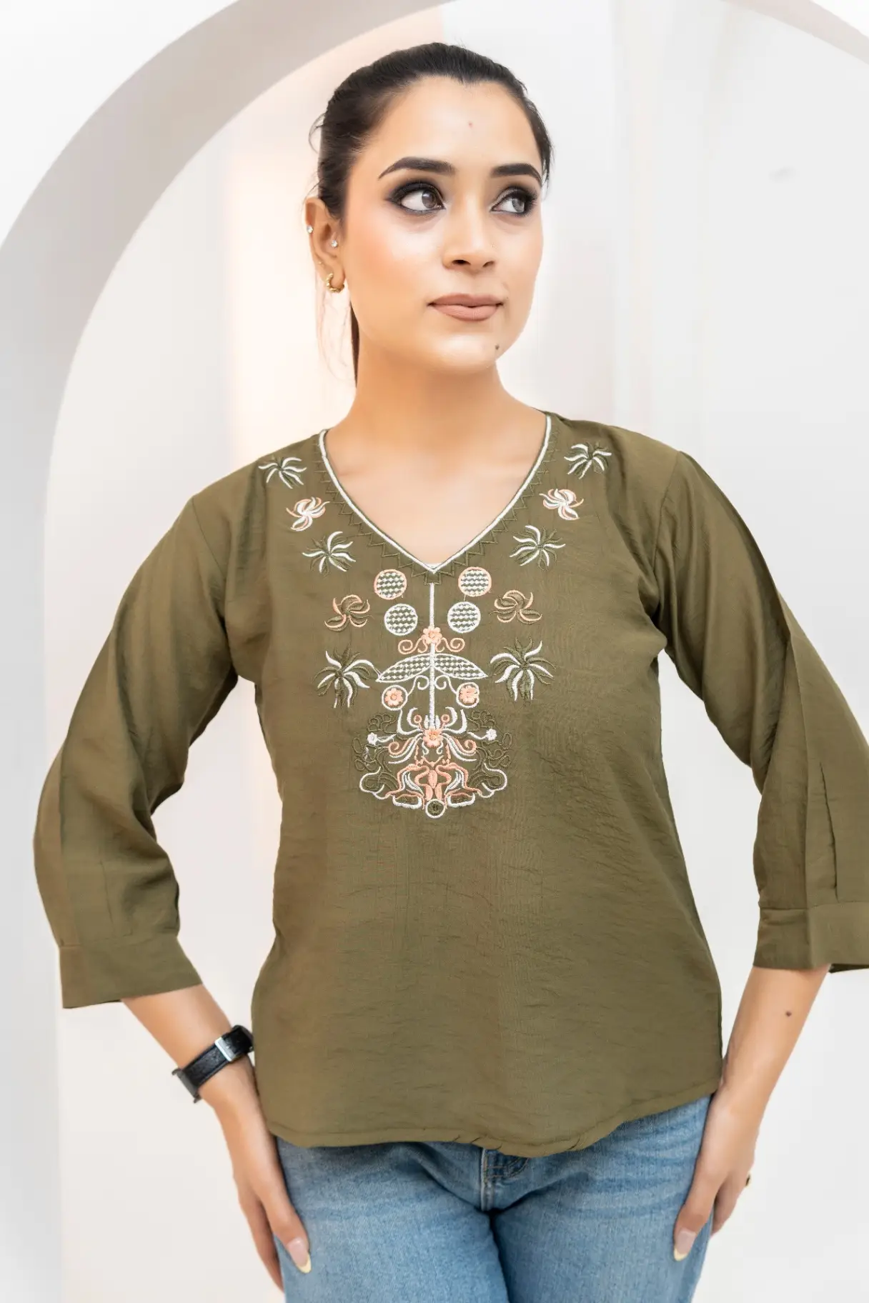 Textured Olive Green Top with Festive Embroidered Neckline view 2