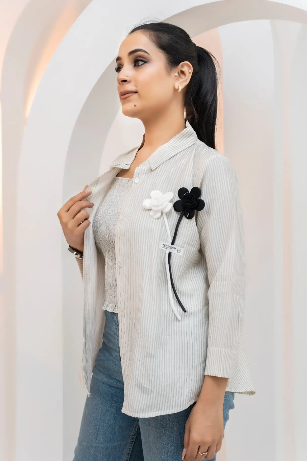 Micro-Striped Smocked Crop Top and Overshirt Set with Flower Applique