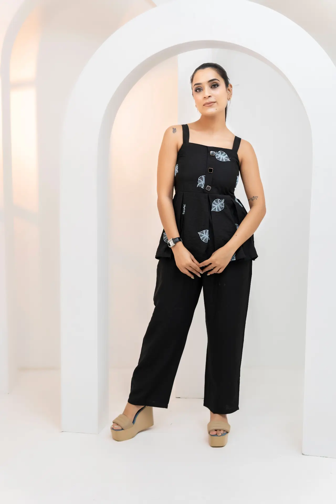 Black Sleeveless Peplum Co-ord Set with Embroidered Leaves